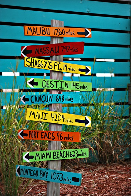 Post with many colorful distance signs